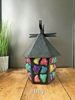 Vintage Retro Iron Wall Lantern Multicoloured Glass Light Lamp Peter Marsh Style