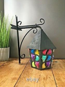 Vintage Retro Iron Wall Lantern Multicoloured Glass Light Lamp Peter Marsh Style