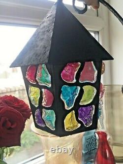 Vintage Retro Iron Wall Lantern Multicoloured Glass Light Lamp Peter Marsh Style