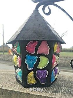 Vintage Retro Iron Wall Lantern Multicoloured Glass Light Lamp Peter Marsh Style