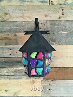 Vintage Retro Iron Wall Lantern Multicoloured Glass Light Lamp Peter Marsh Style