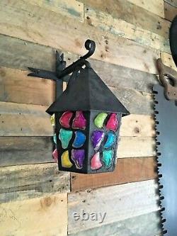 Vintage Retro Iron Wall Lantern Multicoloured Glass Light Lamp Peter Marsh Style