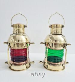 Vintage Shiny Brass Electric Red/Green Lamp Maritime Ship Lantern Set of 2