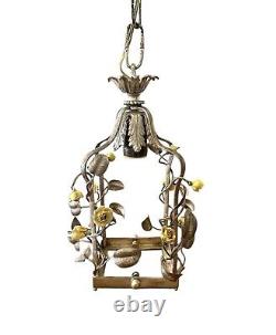 Vintage Silver Gilt French Tole and Porcelain Yellow Rose Chandelier / Lantern