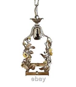 Vintage Silver Gilt French Tole and Porcelain Yellow Rose Chandelier / Lantern