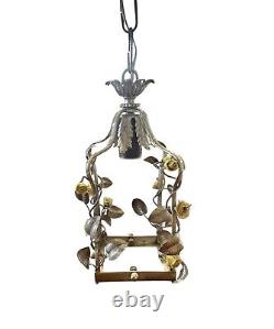 Vintage Silver Gilt French Tole and Porcelain Yellow Rose Chandelier / Lantern