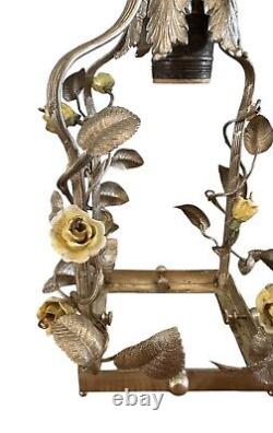 Vintage Silver Gilt French Tole and Porcelain Yellow Rose Chandelier / Lantern