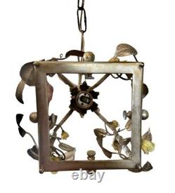 Vintage Silver Gilt French Tole and Porcelain Yellow Rose Chandelier / Lantern