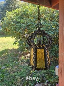 Vintage Spanish Revival Wrought Iron Hanging Lantern 1920s Gothic Amber Glass