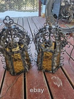 Vintage Spanish Revival Wrought Iron Hanging Lantern 1920s Gothic Amber Glass