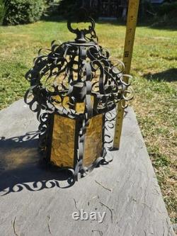 Vintage Spanish Revival Wrought Iron Hanging Lantern 1920s Gothic Amber Glass