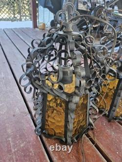 Vintage Spanish Revival Wrought Iron Hanging Lantern 1920s Gothic Amber Glass