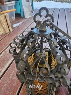 Vintage Spanish Revival Wrought Iron Hanging Lantern 1920s Gothic Amber Glass