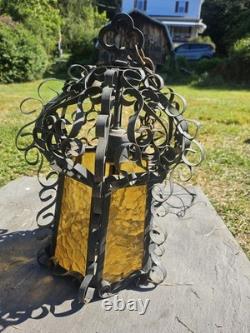 Vintage Spanish Revival Wrought Iron Hanging Lantern 1920s Gothic Amber Glass