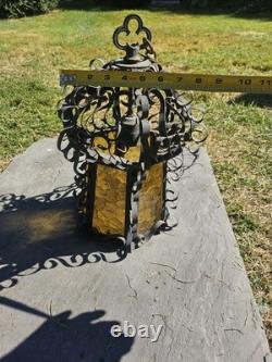 Vintage Spanish Revival Wrought Iron Hanging Lantern 1920s Gothic Amber Glass