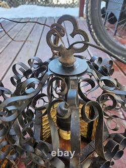 Vintage Spanish Revival Wrought Iron Hanging Lantern 1920s Gothic Amber Glass