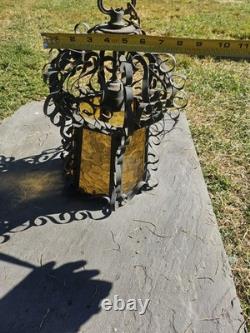 Vintage Spanish Revival Wrought Iron Hanging Lantern 1920s Gothic Amber Glass