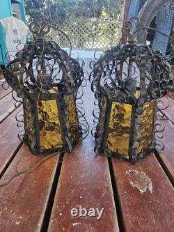 Vintage Spanish Revival Wrought Iron Hanging Lantern 1920s Gothic Amber Glass