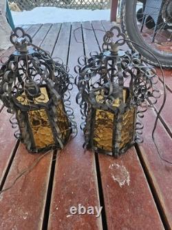 Vintage Spanish Revival Wrought Iron Hanging Lantern 1920s Gothic Amber Glass