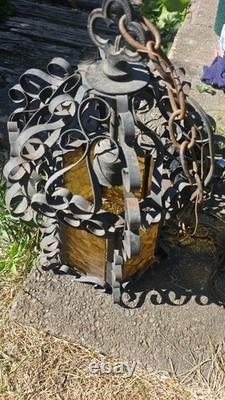 Vintage Spanish Revival Wrought Iron Hanging Lantern 1920s Gothic Amber Glass