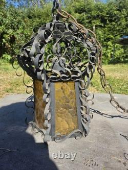 Vintage Spanish Revival Wrought Iron Hanging Lantern 1920s Gothic Amber Glass