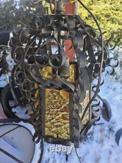 Vintage Spanish Revival Wrought Iron Hanging Lantern 1920s Gothic Amber Glass