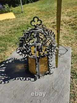 Vintage Spanish Revival Wrought Iron Hanging Lantern 1920s Gothic Amber Glass