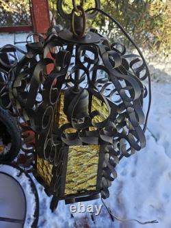Vintage Spanish Revival Wrought Iron Hanging Lantern 1920s Gothic Amber Glass