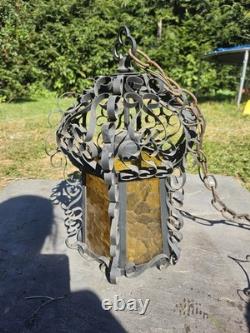 Vintage Spanish Revival Wrought Iron Hanging Lantern 1920s Gothic Amber Glass