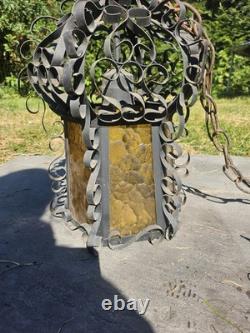 Vintage Spanish Revival Wrought Iron Hanging Lantern 1920s Gothic Amber Glass