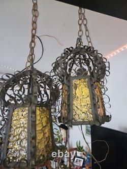 Vintage Spanish Revival Wrought Iron Hanging Lantern 1920s Gothic Amber Glass