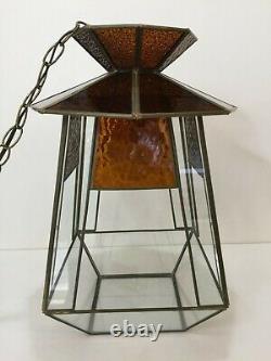 Vintage Stained Glass Hanging Lantern Light, Retro Pagoda Shape Swag Lamp, 18 T