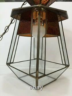 Vintage Stained Glass Hanging Lantern Light, Retro Pagoda Shape Swag Lamp, 18 T