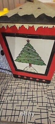 Vintage Tin Litho Christmas Lantern Old Light Santa Antique Decorations 2