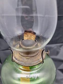 Vintage USA Lime Green Uranium Glass Eagle Oil Lamp w Scroll Design Glows