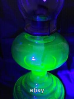 Vintage USA Lime Green Uranium Glass Eagle Oil Lamp w Scroll Design Glows