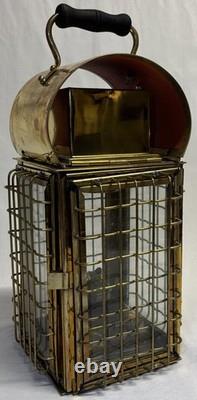 Vintage Viking Solid Caged Nautical Brass Oil Ship Boat Lantern Glass Panels