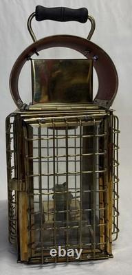 Vintage Viking Solid Caged Nautical Brass Oil Ship Boat Lantern Glass Panels
