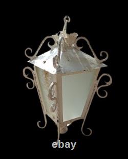 Vintage Wrought Iron Lantern Hand-Forged Antique Style with Textured Rain Glas