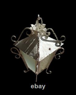 Vintage Wrought Iron Lantern Hand-Forged Antique Style with Textured Rain Glas