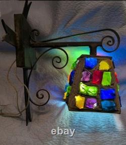 Vintage Wrought Iron Multicolored Chunk Glass Tudor Porch Lantern Sconce P Marsh