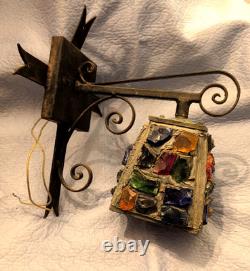 Vintage Wrought Iron Multicolored Chunk Glass Tudor Porch Lantern Sconce P Marsh