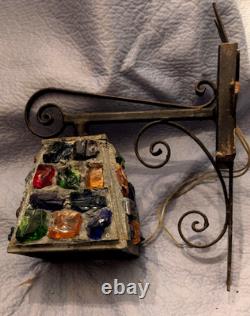 Vintage Wrought Iron Multicolored Chunk Glass Tudor Porch Lantern Sconce P Marsh