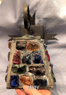 Vintage Wrought Iron Multicolored Chunk Glass Tudor Porch Lantern Sconce P Marsh