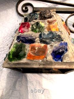 Vintage Wrought Iron Multicolored Chunk Glass Tudor Porch Lantern Sconce P Marsh
