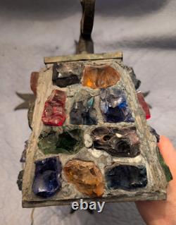 Vintage Wrought Iron Multicolored Chunk Glass Tudor Porch Lantern Sconce P Marsh