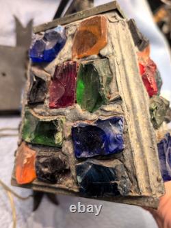 Vintage Wrought Iron Multicolored Chunk Glass Tudor Porch Lantern Sconce P Marsh