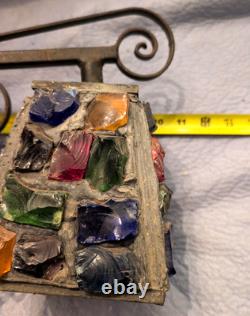 Vintage Wrought Iron Multicolored Chunk Glass Tudor Porch Lantern Sconce P Marsh