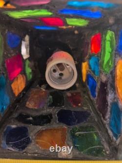 Vintage Wrought Iron Multicolored Chunk Glass Tudor Porch Lantern Sconce P Marsh