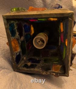 Vintage Wrought Iron Multicolored Chunk Glass Tudor Porch Lantern Sconce P Marsh